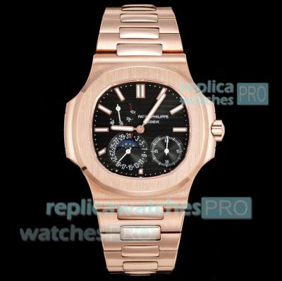3K Factory Super Clone Patek Philippe Nautilus 5712 Black Dial 40mm Rose Gold Moon Phase Watch 